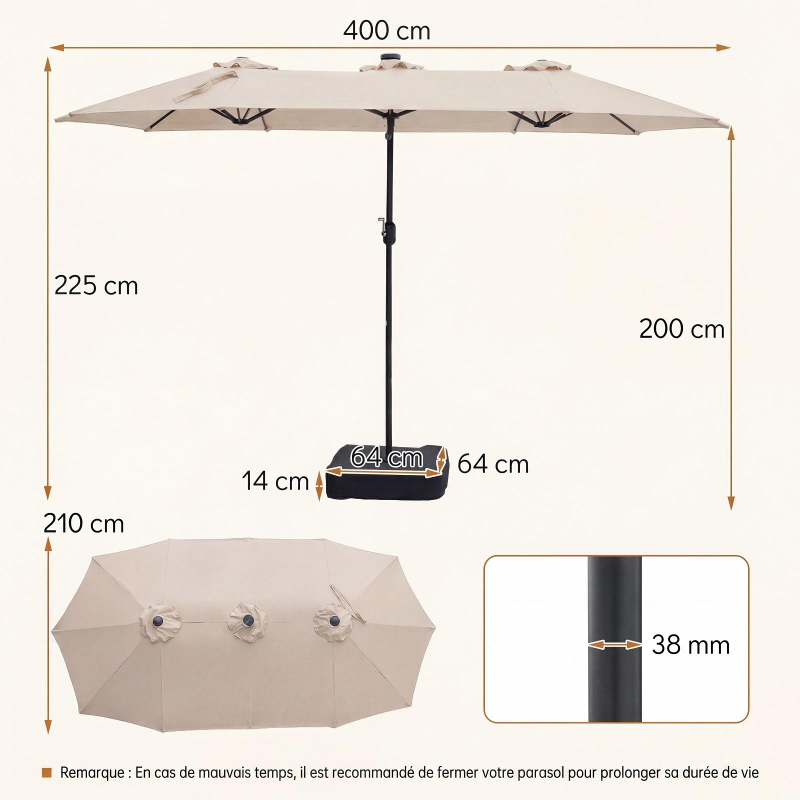 RELAX4LIFE Grand Parasol de Jardin Exterieur LED avec Pied, 4x2M Parasol Double Éclairé pour Terrasse/Piscine/Marché, 12 Baleines Renforcées, Manivelle, Protection Solaire pour 6-8 Personnes (Beige)