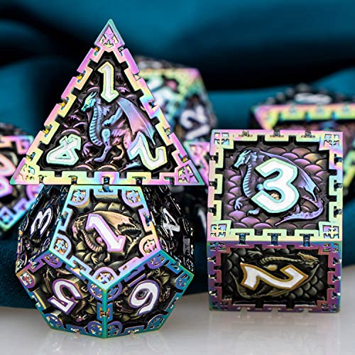 Aruohha Metal D&D Dice Set Dragon Design Dnd Rainbow Dice With Gift Box, D + D 7Pcs Large Polyhedral Dice For Dungeons And Dragons Rpg Role Playing Games Handmade D And D Dice D20 D12 D10 D8 D6 D4 #TOP1