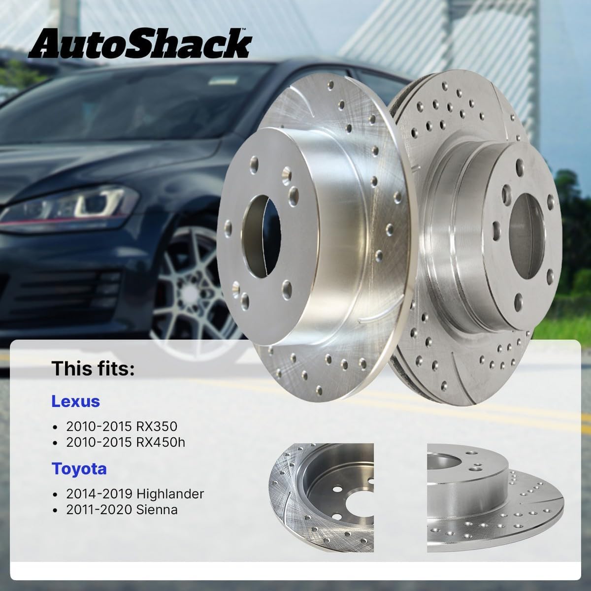AutoShack Front Vented & Rear Solid Drilled & Slotted Silver Zinc Coated Brake Rotors 4-PC Set Replacement for 2011-2020 Toyota Sienna 2014-2019 Toyota Highlander SilverShield Pro
