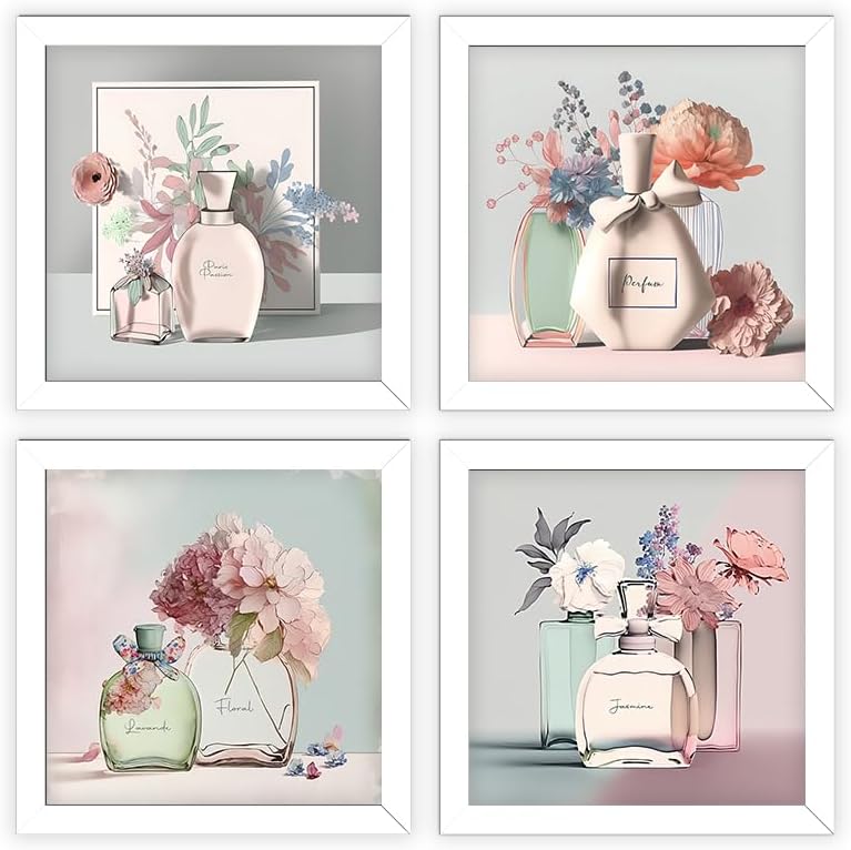Kit 4 Quadros 18X18 CM, Banheiro, Lavabo, Toalete, Perfume C/Moldura e Vidr...