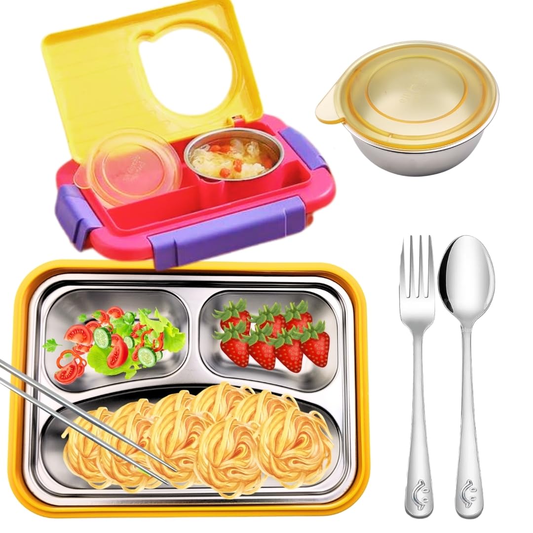 PLUSPOINT Bento Lunch Box with 3 Compartments and Soup Bowl, Insulated Lunch Box and Portable Utensils, Stainless Steel Camera Lunch Containers, Leak Proof Bento Box for Kids, Adults (Yellow)