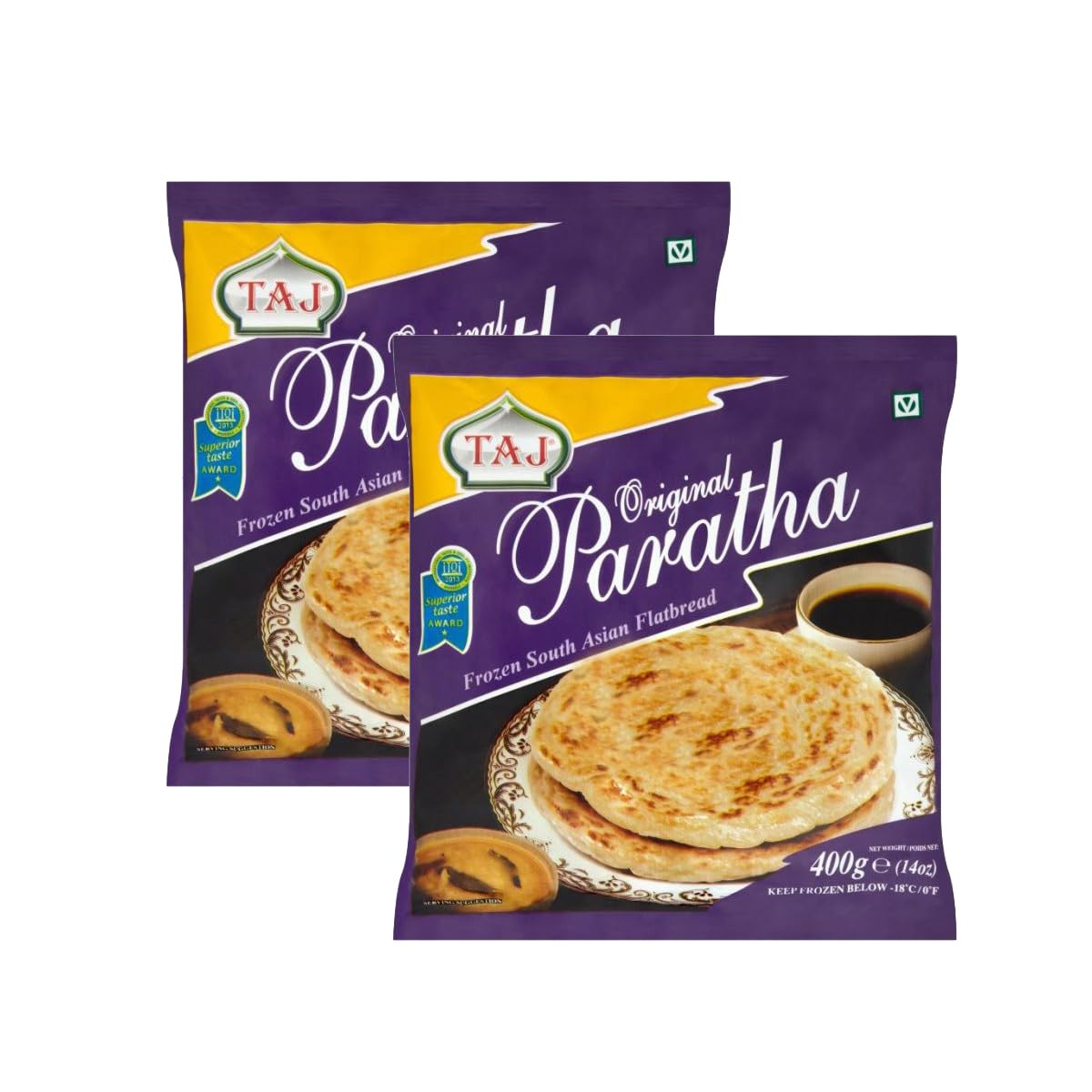 Taj Original Paratha, Made with 100% whole wheat flour and no preservatives, Frozen south asian flatbread, Ready to cook, 400grams (Pack of 2)
