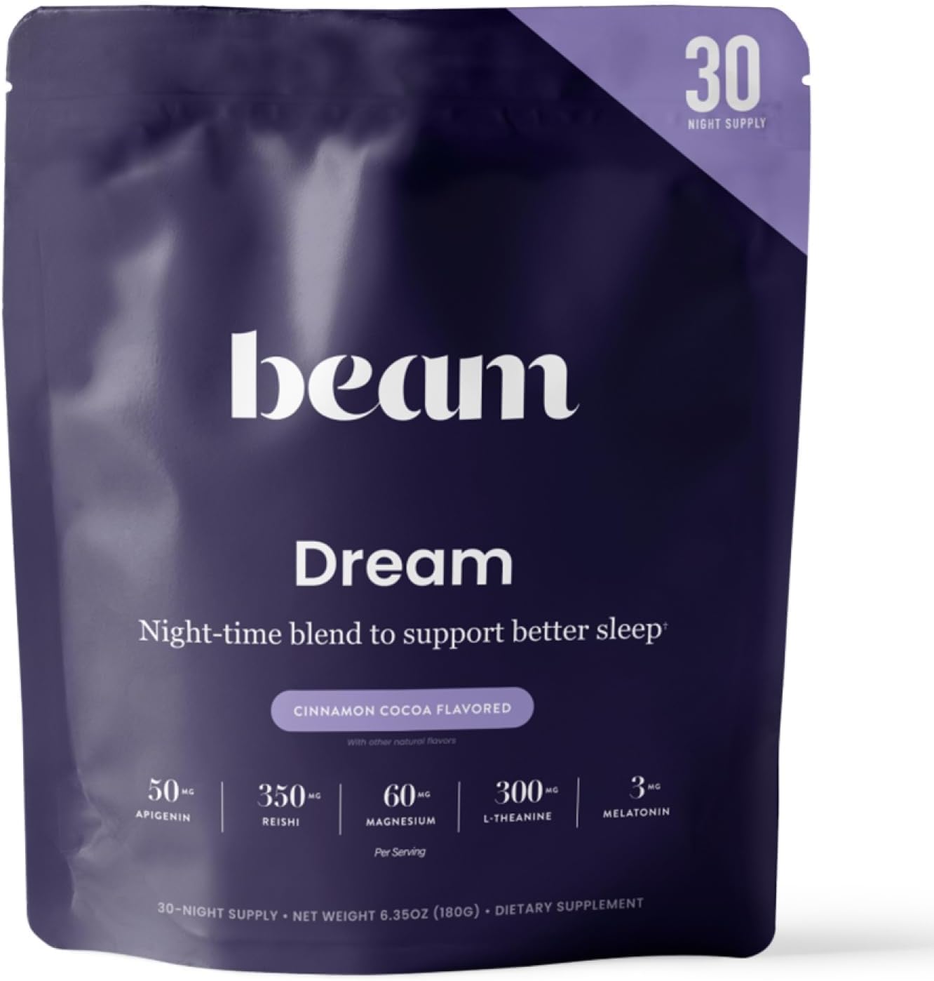 Beam Dream Sleep Powder – Sleep Aid for Adults with Melatonin, Magnesium, L-Theanine, Reishi Mushroom & Apigenin Sleep Supplement, Sleepy Cocoa Bedtime Drink Mix, Cinnamon Cocoa Flavor, 30 Servings