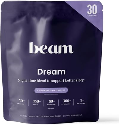 BEAM Dream Sleep Powder – Sleep Aid for Adults with Melatonin, Magnesium, L-Theanine, Reishi Mushroom & Apigenin Sleep Supplement, Sleepy Cocoa Bedtime Drink Mix, Cinnamon Cocoa Flavor, 30 Servings