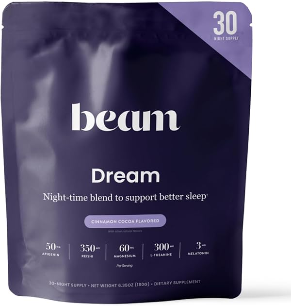 BEAM Dream Sleep Powder – Sleep Aid for Adults with Melatonin, Magnesium, L-Theanine, Reishi Mushroom & Apigenin Sleep Supplement, Sleepy Cocoa Bedtime Drink Mix, Cinnamon Cocoa Flavor, 30 Servings