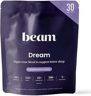 Beam Dream Sleep Powder – Sleep Aid for Adults with Melatonin, Magnesium, L-Theanine, Reishi Mushroom & Apigenin Sleep Supplement, Sleepy Cocoa Bedtime Drink Mix, Cinnamon Cocoa Flavor, 30 Servings