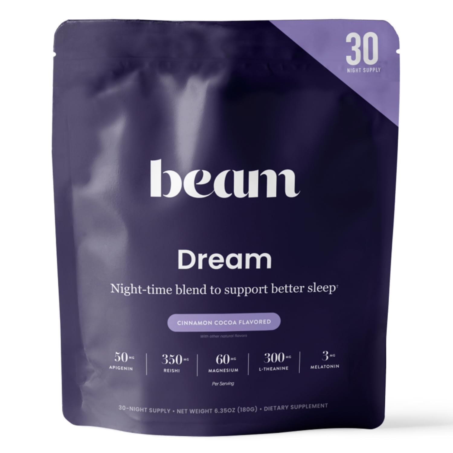 - Beam Dream Sleep Powder – Sleep Aid for Adults with Melatonin, Magnesium, L-Theanine, Reishi Mushroom & Apigenin Sleep Supplement, Sleepy Cocoa Bedtime Drink Mix, Cinnamon Cocoa Flavor, 30 Servings