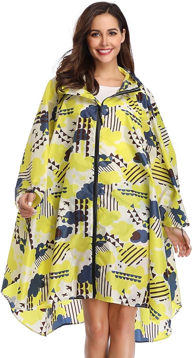 Rain Poncho Coat for Adults Outdoor Hooded Waterproof Zipper RainwearYellow Cloud Amazon.co.uk