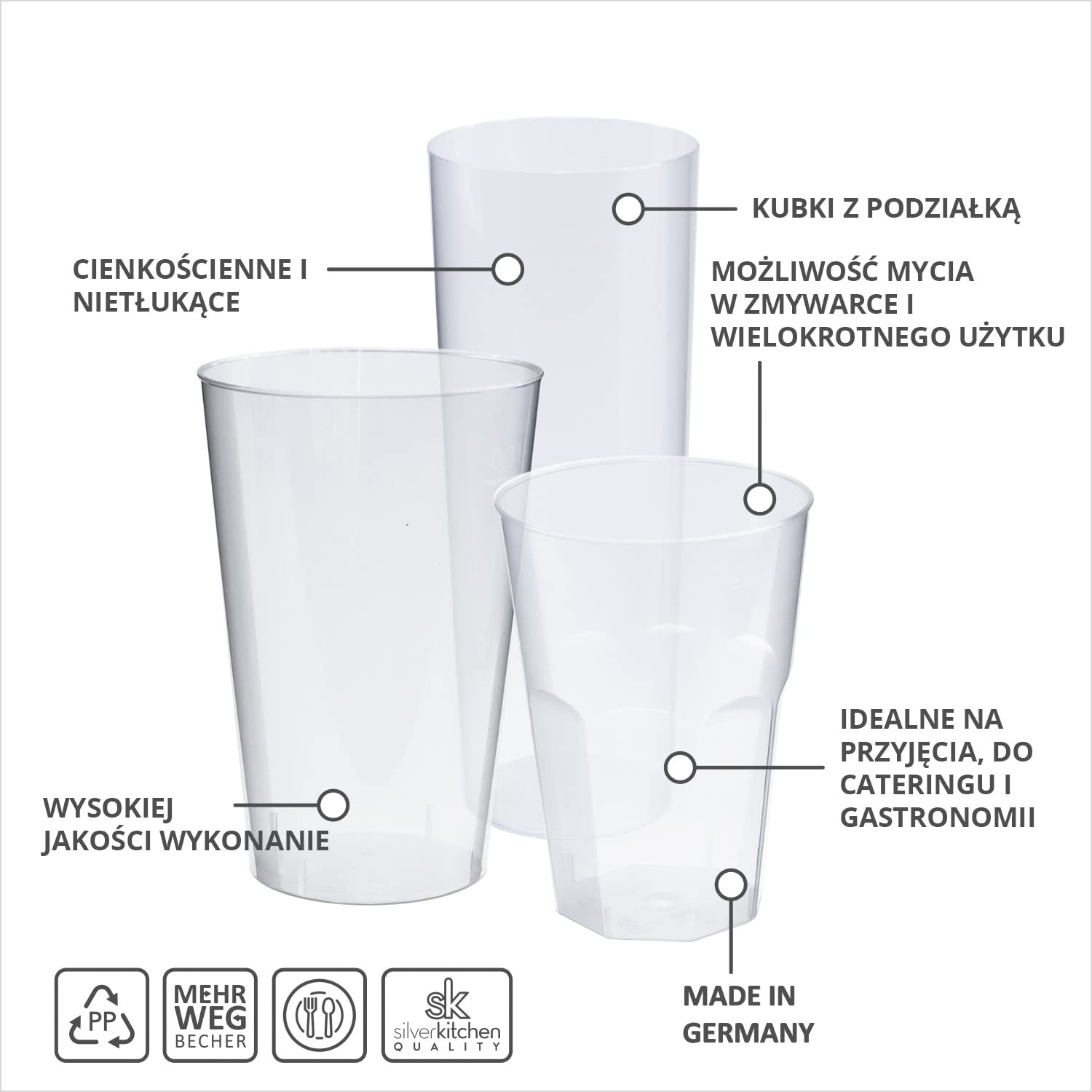 30 x kubek koktajlowy 300 ml – nietłukące się kubki wielokrotnego użytku do koktajli, szklanki do long drinków, przezroczyste z tworzywa sztucznego PP Made in Germany silverkitchen