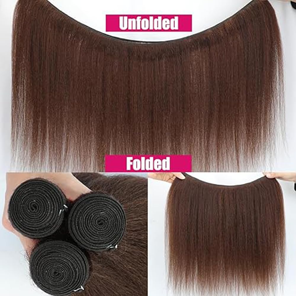 Extensions Echthaar Tressen Human Hair Bundles Yaki Wave Human Hair Bundles for Sew #4 Chocolate Brown Color Weft Extensions Echthaar for Women Minimal Smell Low Tangle 20 22 24 Inch