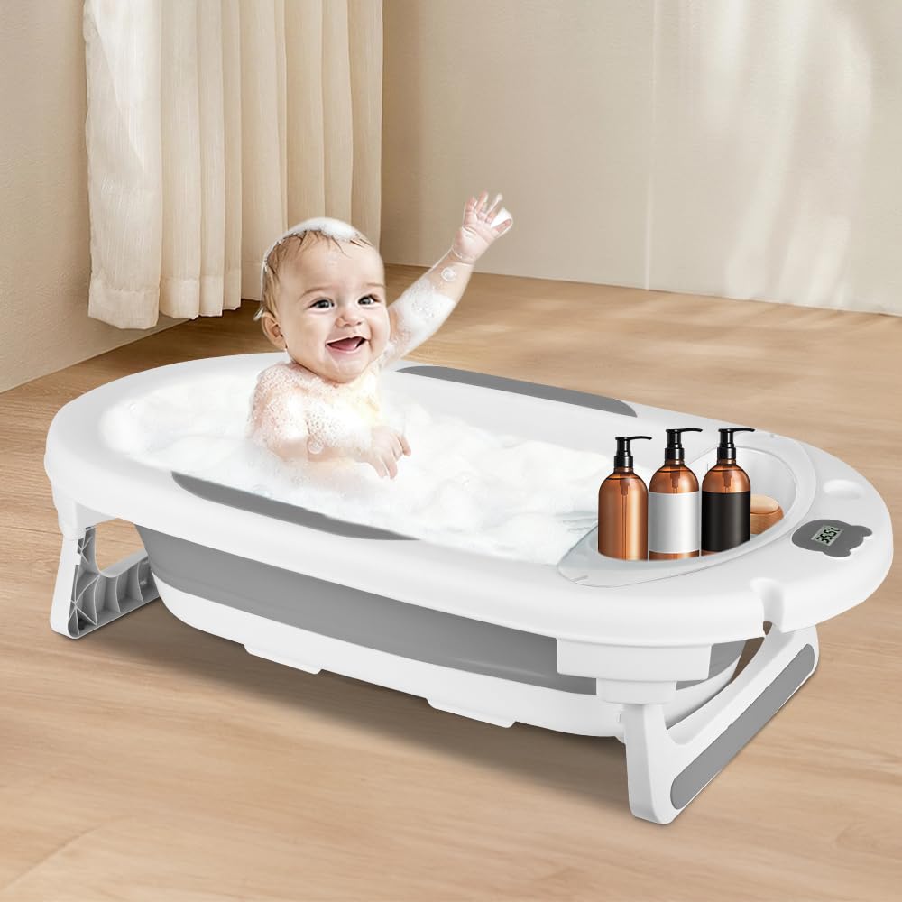 Bañera de bebé plegable con termómetro integrado, baño cómodo con soporte de almacenamiento, ideal para ducha, fácil de limpiar, incluye colchón y gorro de baño (gris)