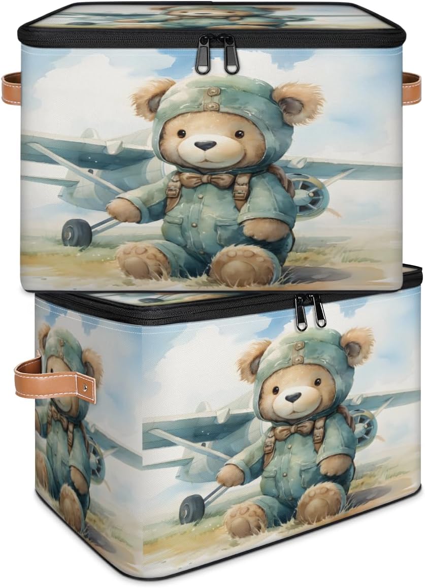 Storage Bin Set of 2 Helicopter Bear Storage Basket with Zipper Lid & Handle Foldable Closet Shelf 2 Pack Cloth Organizer Basket Cube Bins Clothes Organizer for Nursery, Bedroom