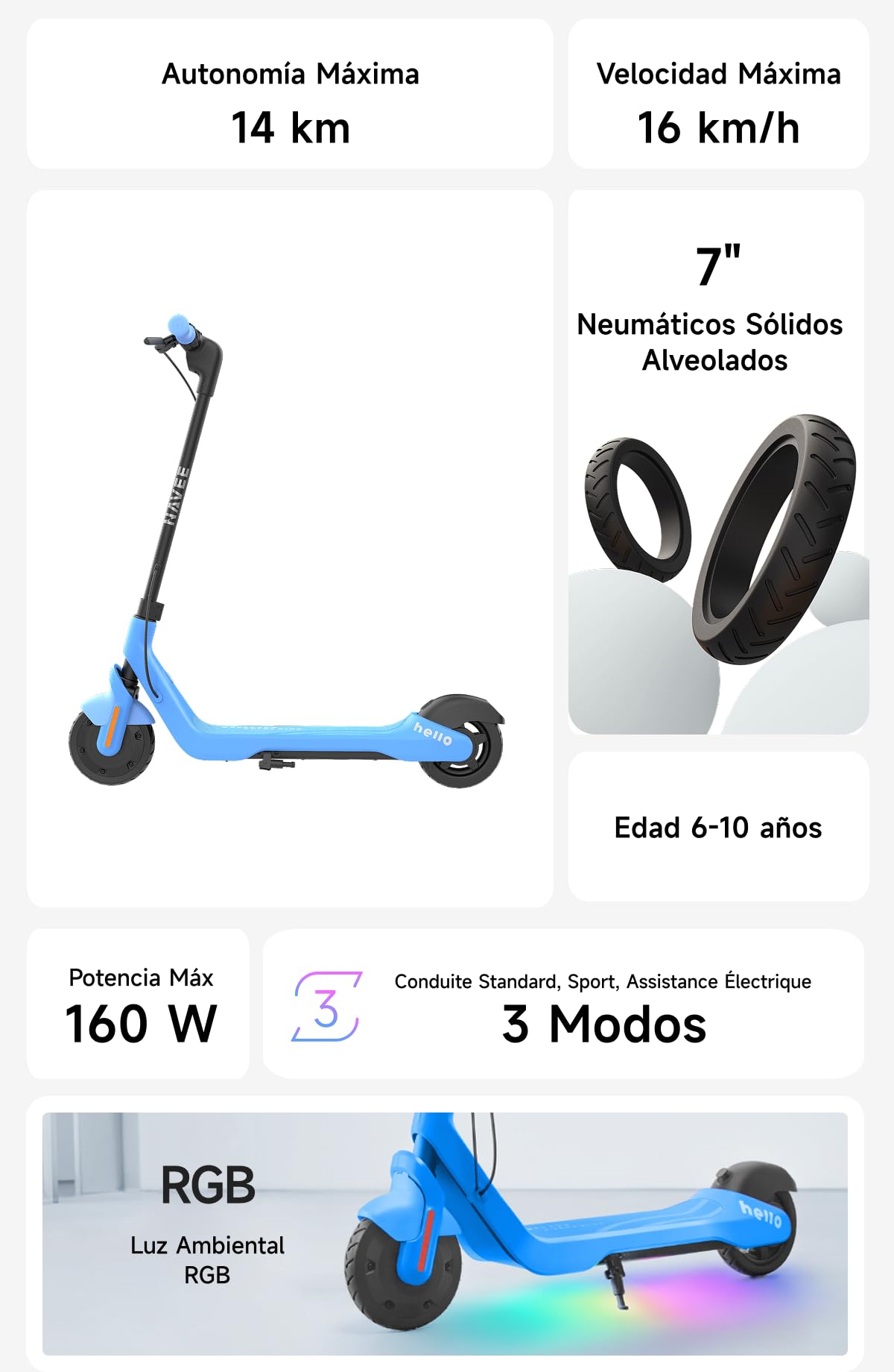NAVEE K100 Patinete Eléctrico para Niños, Control Parental vía App | Autonomía de 14 km, 3 Modos de Velocidad 16 km/h, Luces RGB, Neumáticos Macizos de 7", para Niños de 6 a 10 Años