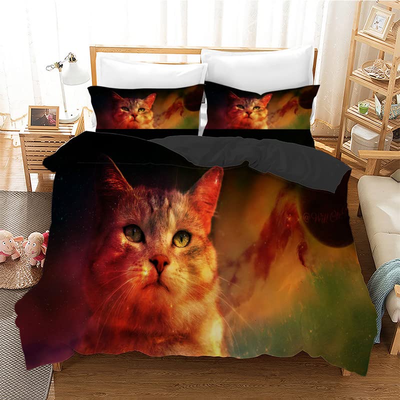 Housse de couette 240 x 260 cm chat rouge en microfibres avec deux taies d'oreiller