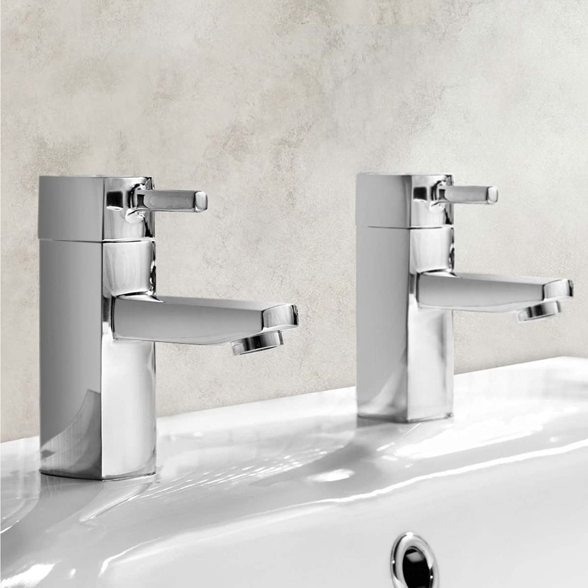 Nes Home Chrome Deck Mounted Hot & Cold Twin Basin Taps - Solid Brass - Ceramic Disc Technology - Mirror Finish