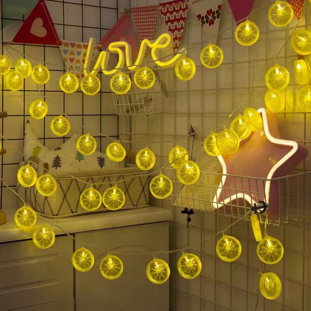 Filo di luci decorative a forma di frutta a LED a batteria, 6 m, 40 luci, fette di lime, confezione da 5 m, giallo limone