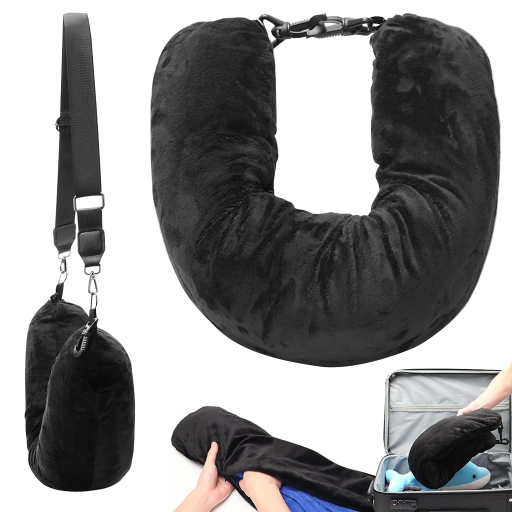 Stuffable Neck Pillow for Travel, Stuffable Neck Pillow with Adjustable Neck Size, Packable Clothing Travel Neck Pillow case for Airplane, Soft Velvet U-Shapes Pillow Cover, No Filler