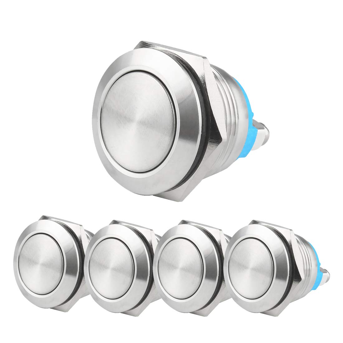 Larcele 19mm Push Button Switch Waterproof Momentary Metal DIY Switch 1No Stainless Steel Shell JSANKG-17,5 Pieces(Screw Terminal,Flat Head)