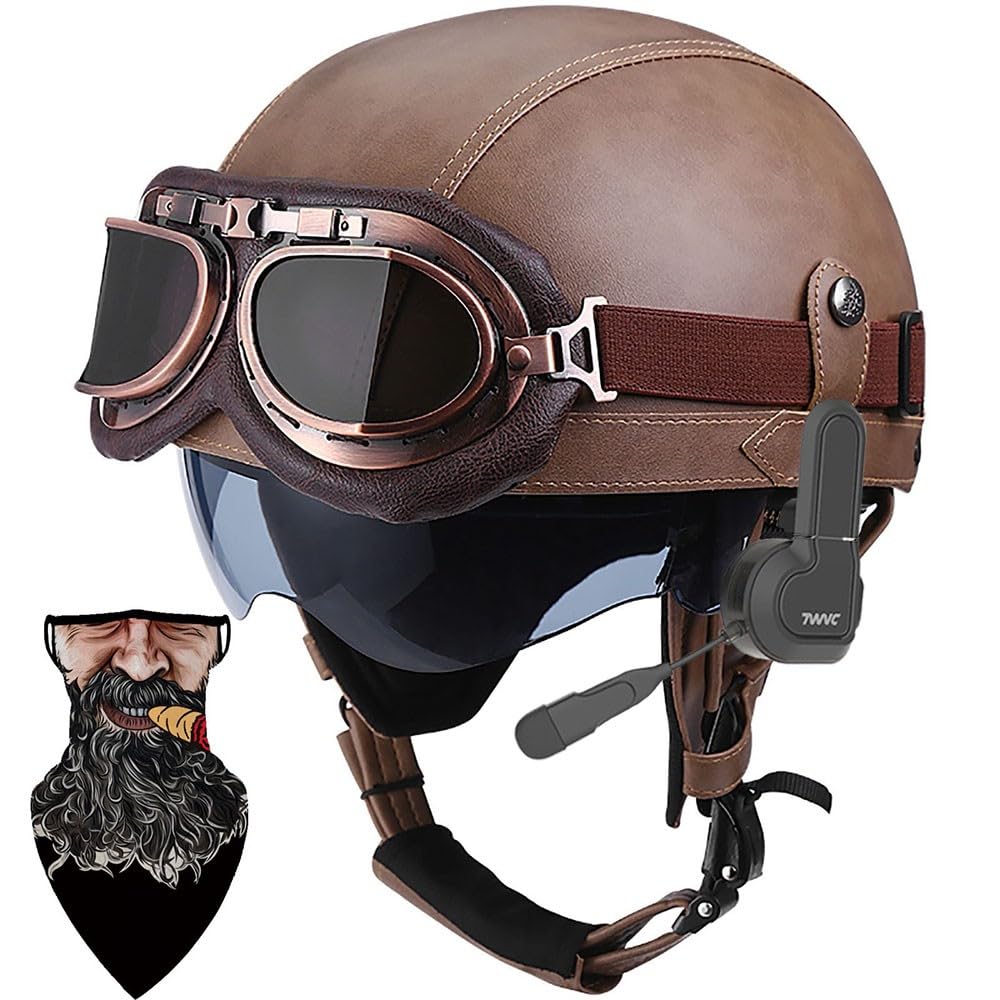 Bluetooth German Style Leather Motorcycle Half Face Helmet, DOT Approved Retro Open Face Helmet with Goggles Street Motorcycle Half Helmet for Cruiser Scooter Touring, Pilot Helmet