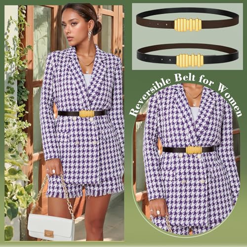SANSTHS Skinny Reversible Belts for Women, Two-in-one Women Thin Belt for Dresses Jeans Pants with Gold Buckle