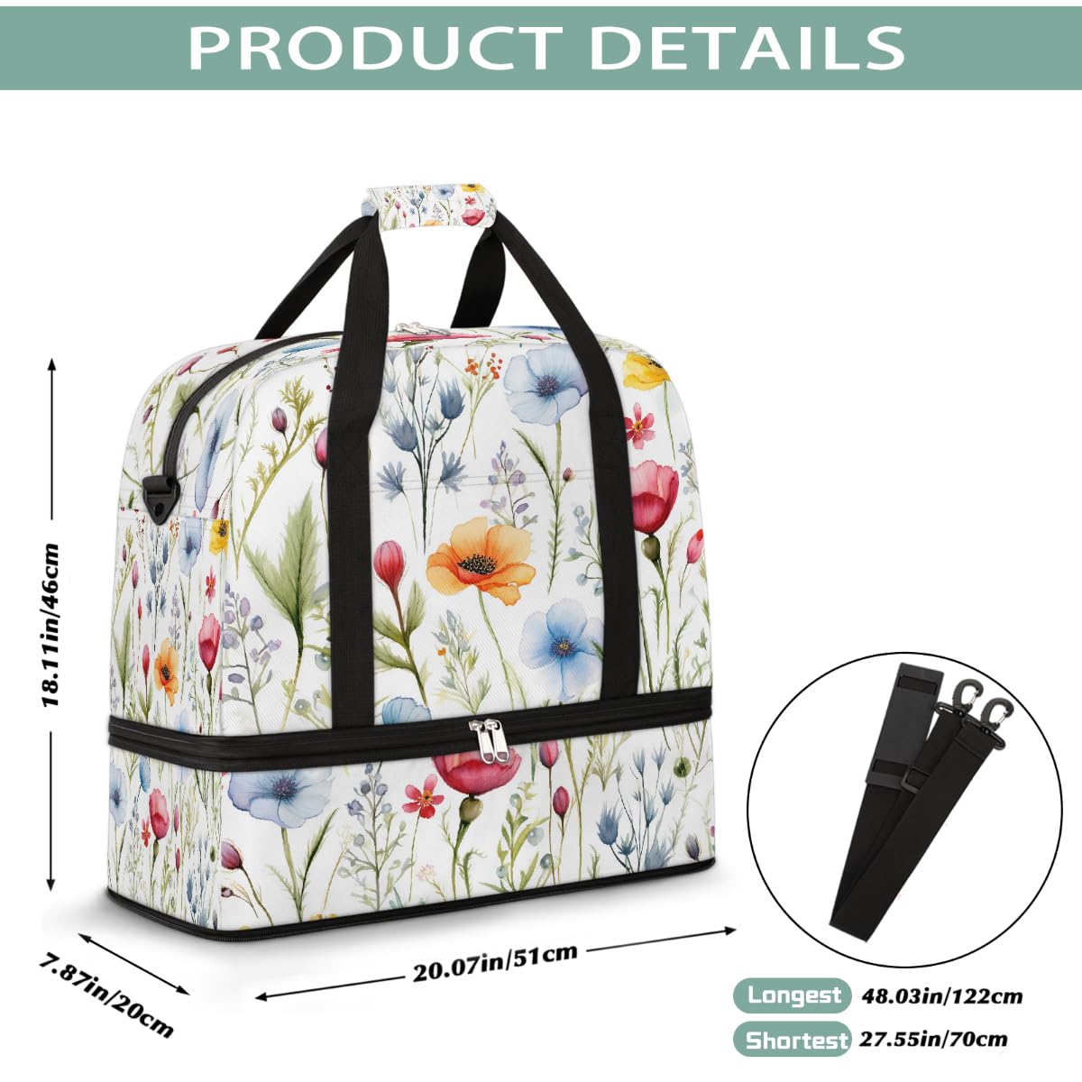 Borsone da viaggio pieghevole con motivo floreale ad acquerello, borsa da palestra espandibile con scomparto per scarpe, grande capacità, borsa da weekender, borsa da viaggio, sport, viaggi notturni