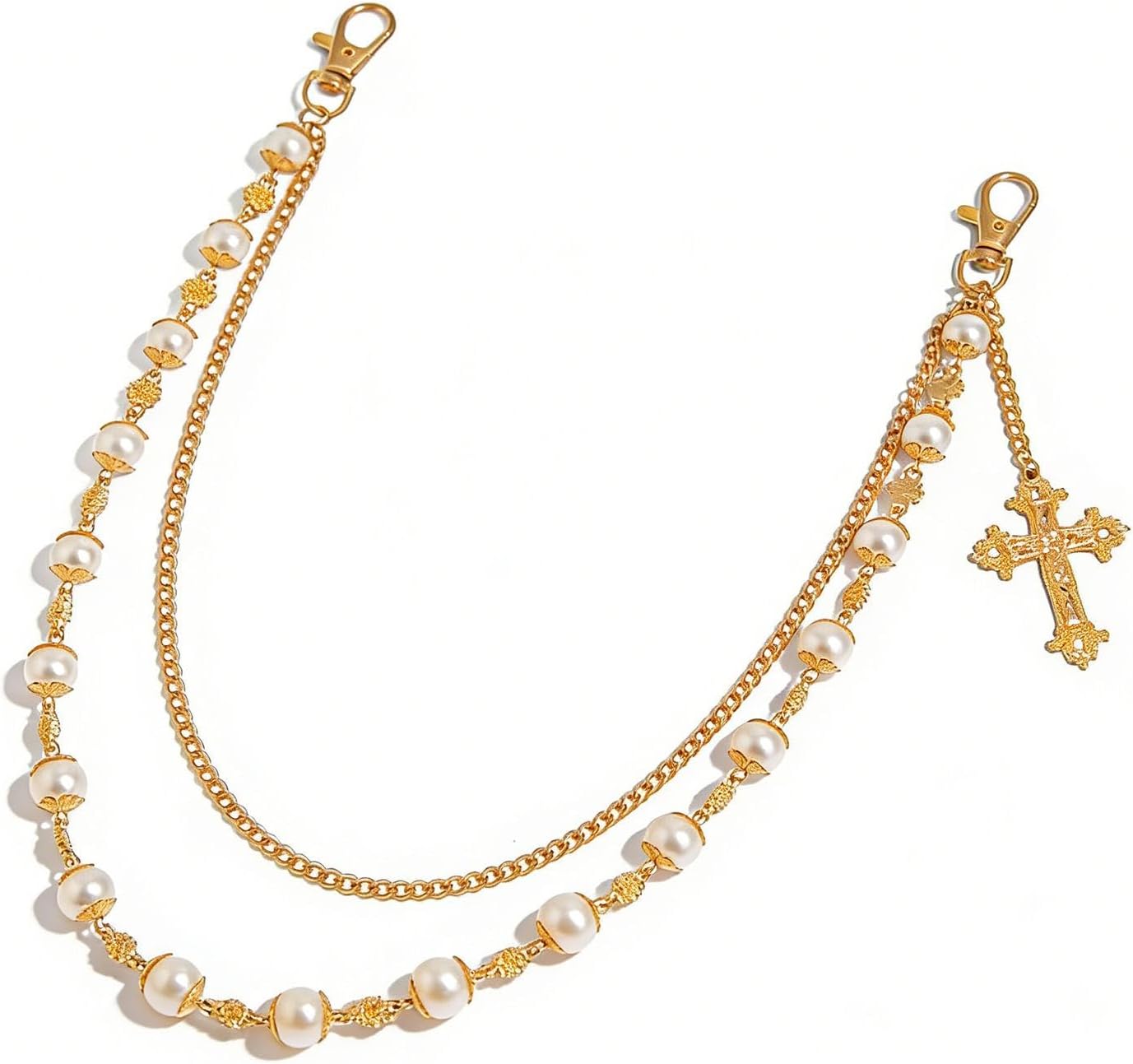 Layered Pearl Cross Pants Chains - Exquisite Gold Jean Pocket Chain Rhinestone Flower Chain for Women Men, Cute Bag Purse Charms Jewelry