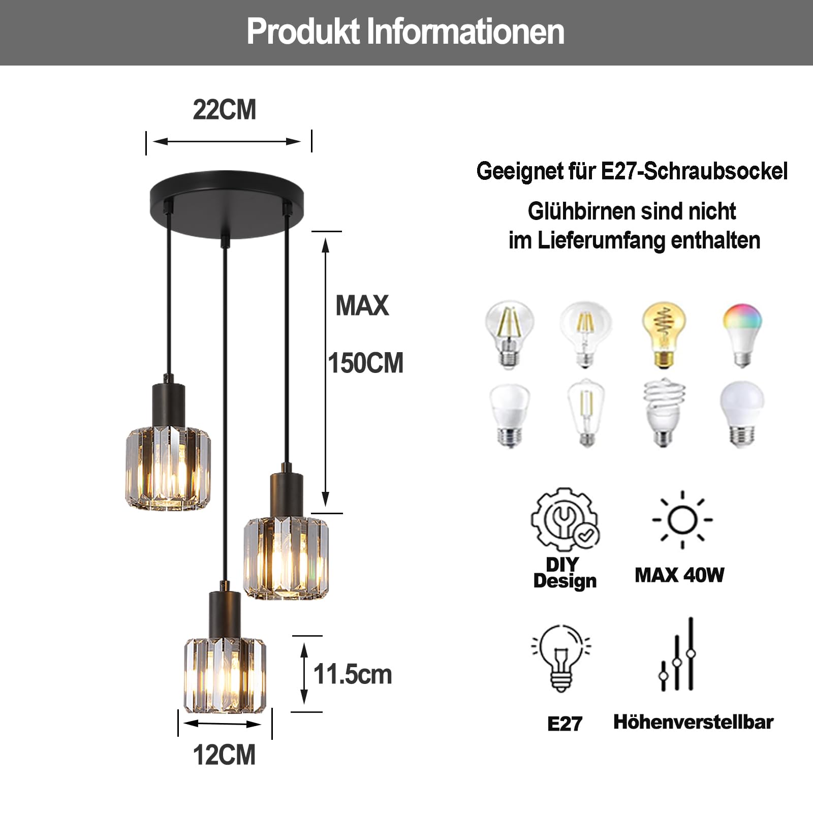 Modern Kristall Pendelleuchte Esstisch Hängelampe Schwarz, 3-flammig Deckenlampe Hängend Wohnzimmer, Glas hängelampe für Schlafzimmer, Küche, Flur, Badezimmer (Aschegrau)