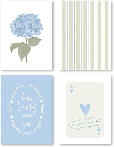 Miniatura 19 de Pleonox Juego de 4 impresiones artísticas florales de hortensias preppy retro de moda de 8 x 10 pulgadas, con texto en inglés «How Lucky Are We Azul