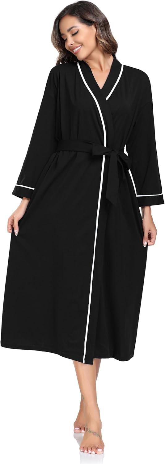 COLORFULLEAF Women's 100% Cotton Robes Lightweight Long Bathrobe Kimono Robe for Women Soft Loungewear with Pockets - Image 4