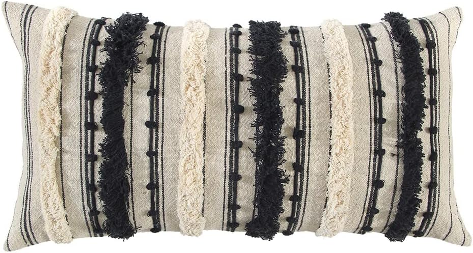 Beige & Black Eyelash Fringe Textured Lumbar Pillow Natural