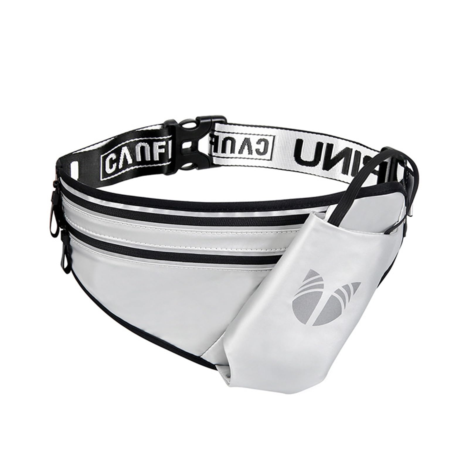 Marsupio Fanny Pack Bag Sportiva Impermeabile Marsupio con Portabottiglia Design Riflettente Cintura Regolabile (65-128CM) per Uomini Donne Corsa Trekking Viaggio Ciclismo Argento