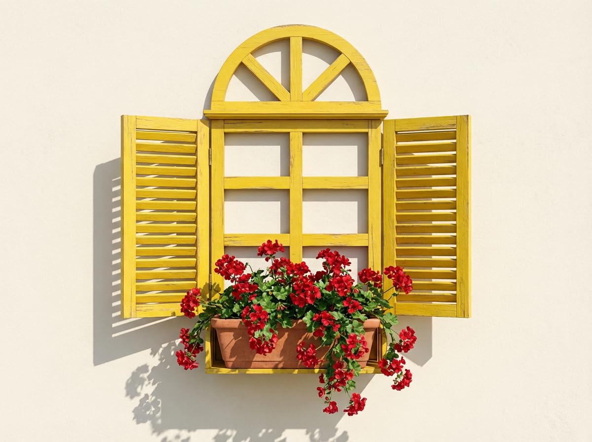 Handcrafted Wooden Decorative Window Frame with Shutters & Planter Box – Yellow Wall Hanging for Home Decor | Living Room, Balcony, Cafe, Decoration`-image-3