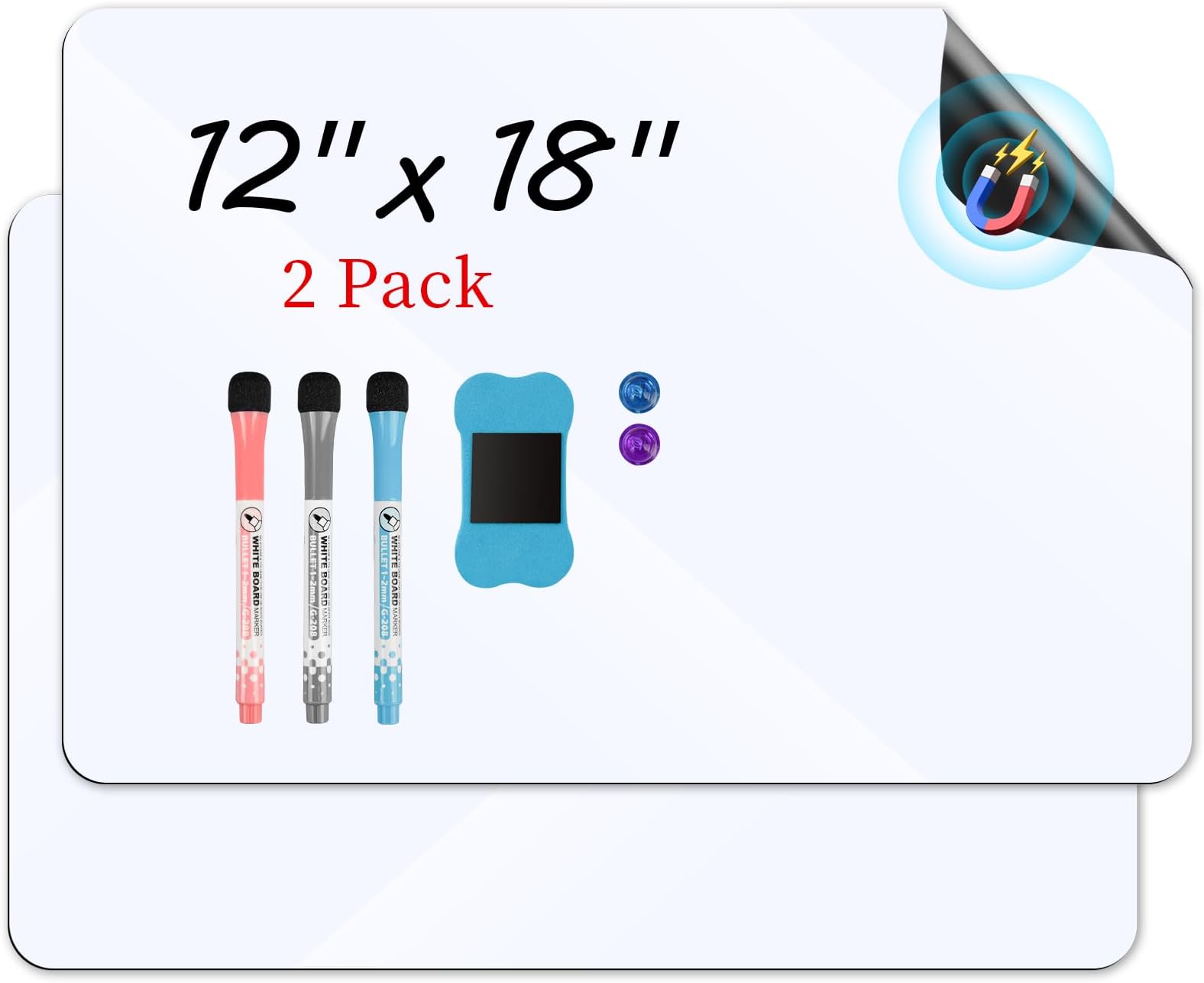 Magnetic White Board for Fridge 12”x18” 2 Pack Small Dry Erase Board for Kitchen Organizer and Planner, Fridge Whiteboard for Family to-do List, Includes Markers and Eraser
