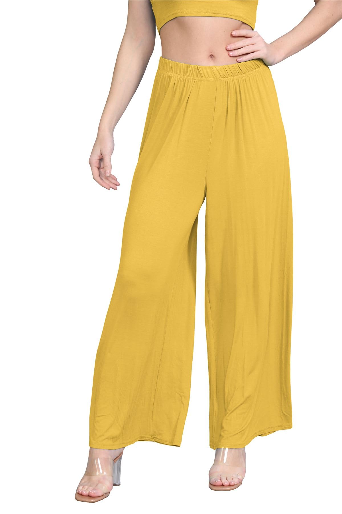 Hamishkane Women's Mustard Hamishkane® Plain Flared Palazzo Elasticated Waist Wide Leg Yoga Pants For Uk Elegant Palazzo Trousers For Uk - Ideal Summer Trousers