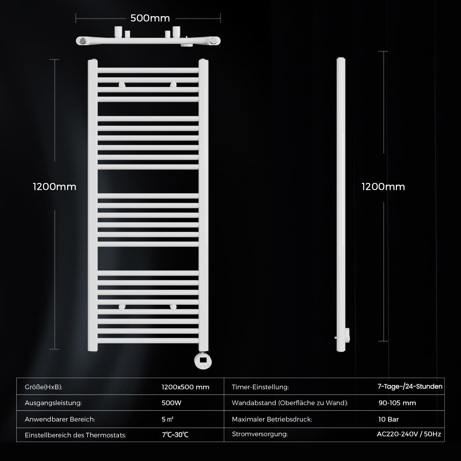 Heilmetz Badheizkörper Elektrisch 1200x500mm Bad Heizkörper mit WiFi Thermostat 500W Seitenanschluss Weiß gerade Badheizkörper mit Timer+Intelligenter Temperaturregler+LCD-Displays Energiesparend