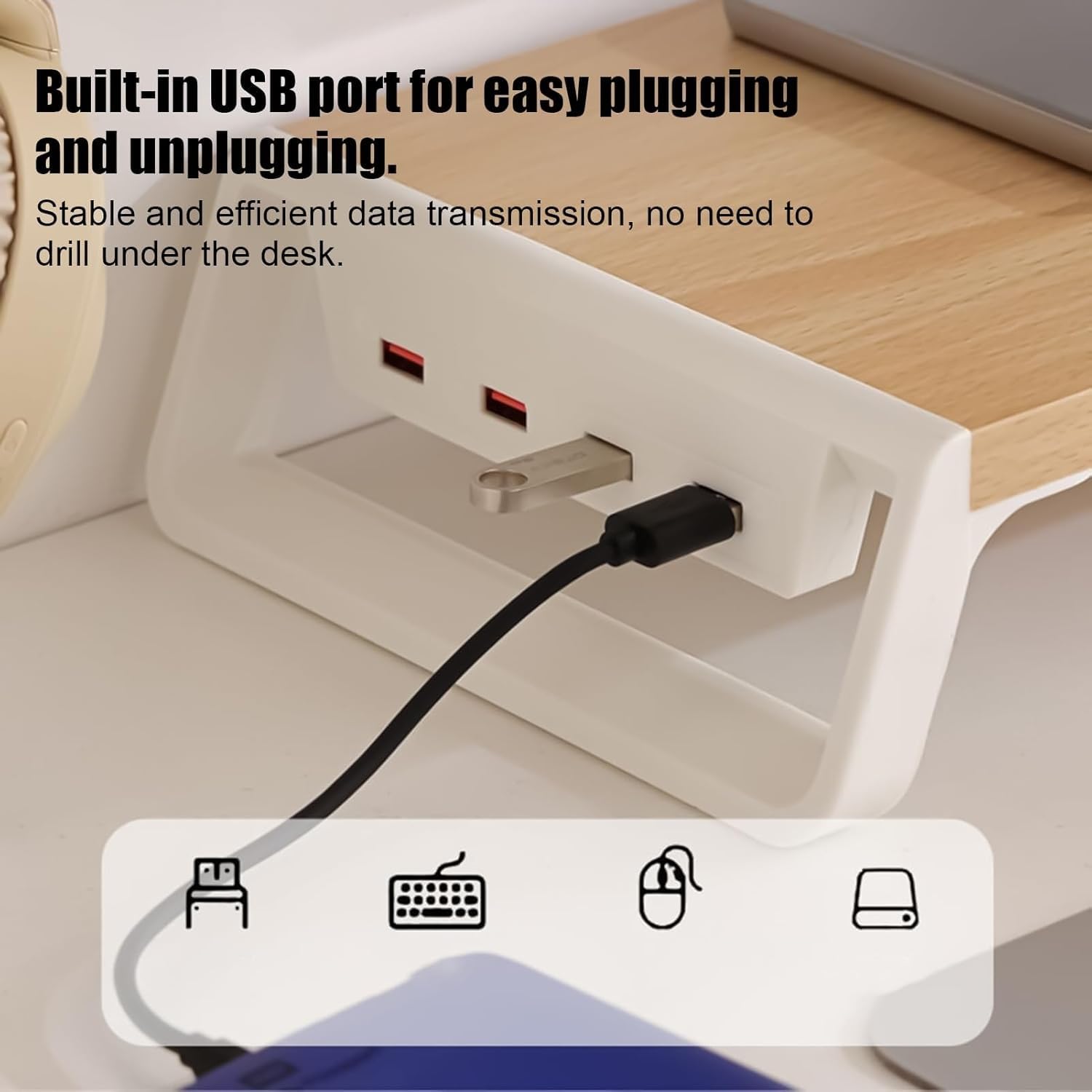 Supporto for monitor, con 4 porte USB, accessori da scrivania, ripiano in legno, per, scuola, appartamento, dormitorio, Internet café(Natural wood)