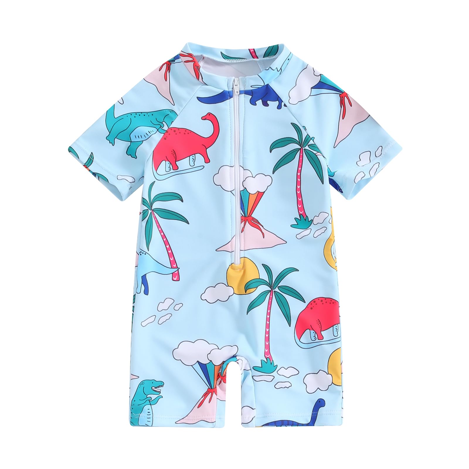 Lefyira Dinosaur Print Swimsuit Romper Baby Boy Short Sleeve Rash Guard Zipper Toddler Swimwear Infant One Piece Bathing Suit (Sky Blue, 6-12 Months)