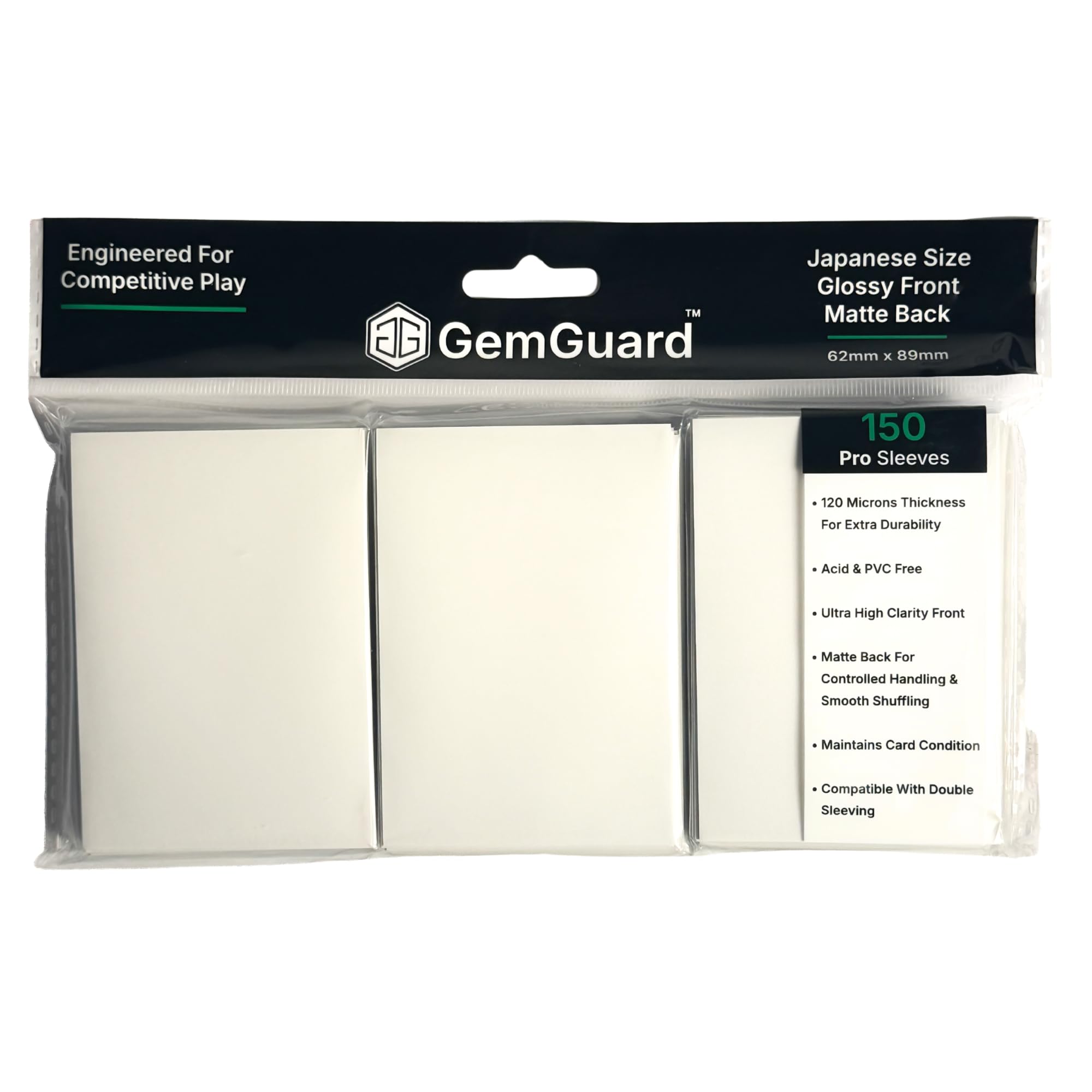 GemGuard White 150 Pack Japanese Size Trading Card Sleeves 62 x 89mm – Premium Deck Protectors Compatible with Yu-Gi-Oh!, Cardfight!! Vanguard & Photocards