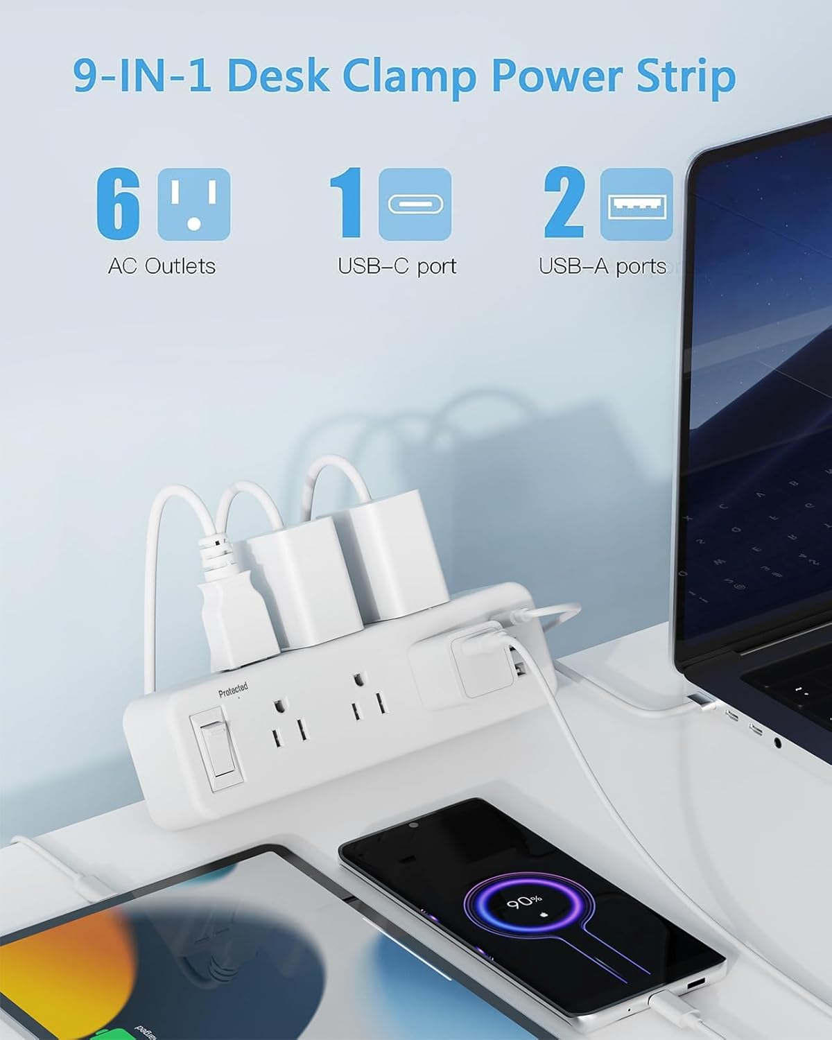 6 Outlet Desk Clamp Power Strip with USB C, Flat Plug Surge Protector, Desktop Edge Mount for 1.8 inch Tabletop Thick, Connect 6 ft Extension Cord, Table Edge Socket with Switch, White
