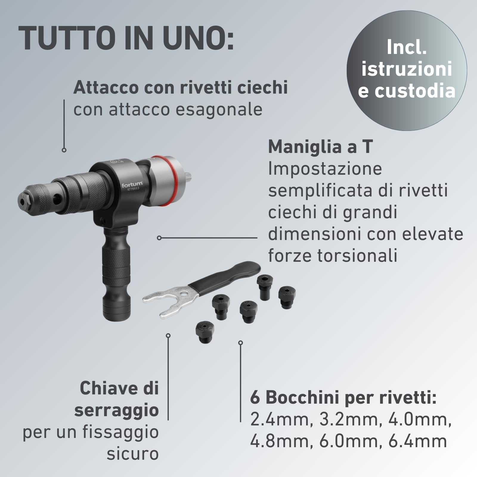 Rivettatrice per avvitatrice a batteria e trapano I Rivettatrice per ribattini ciechi in alluminio, rame, acciaio e acciaio inox I Rivettatrice rivetti ciechi 2,4-6,4 mm I Adattatore