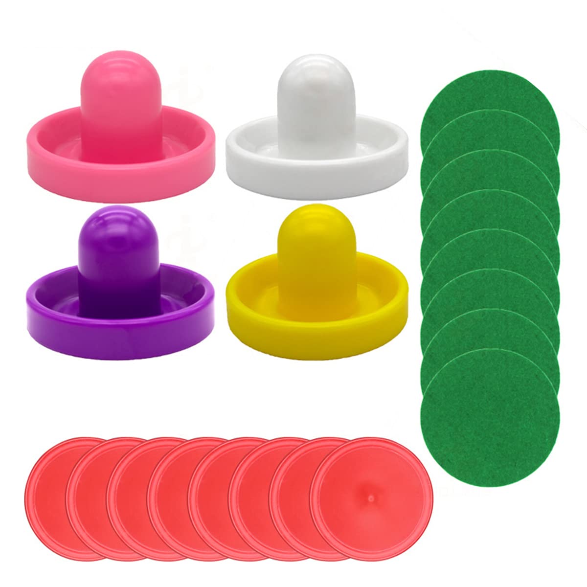 Lot de 4 poussoirs de Hockey sur air de 96 mm pour Gardiens de But avec 8 rondelles de Hockey sur air (Blanc + Rose + Jaune + Violet).