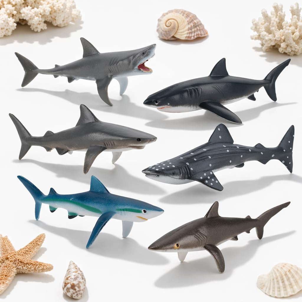 Efuwfugc Shark Toy Set of 6, Whale Shark and Marine Animal Collection, Educational Bath Time Play for Marine Life Enthusiasts, Detailed Shark Models for Display and Learning