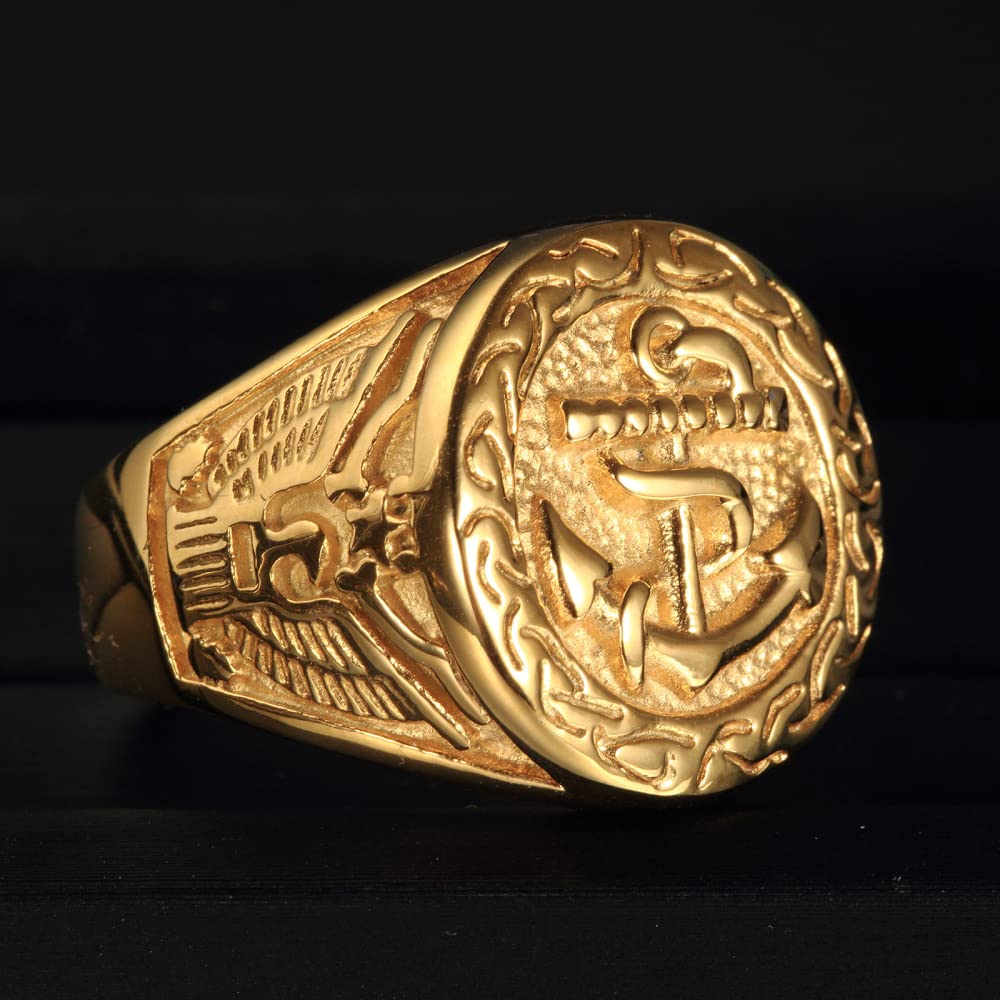 MęSki Sygnet Z Kotwicą, Gotycki Vintage żEglarski Orzeł Ze Stali Nierdzewnej,Gold,11