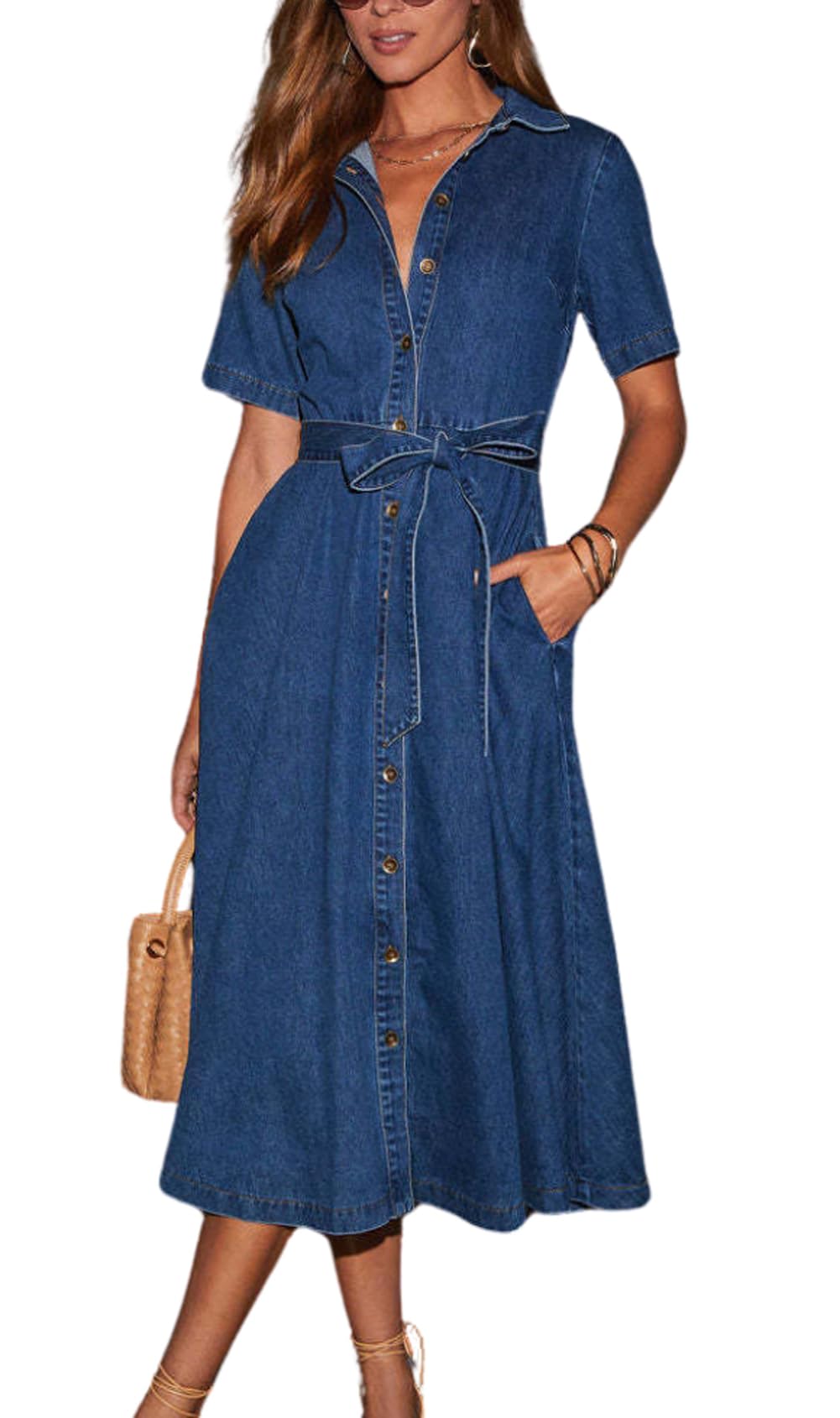 chouyatou Women Summer Belted Button Down Denim Shirt Dress Business Casual Short Sleeve Jean Shirt Dress