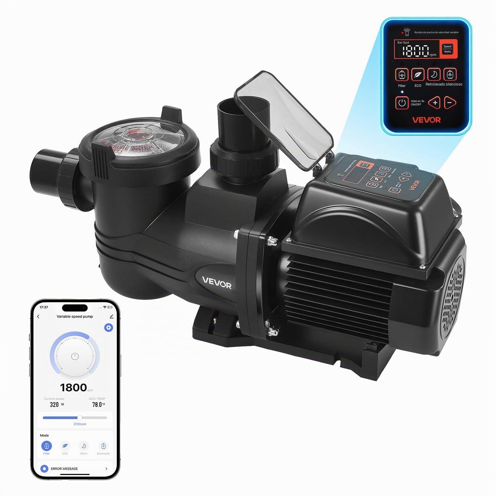 VEVOR Bomba para Piscina 1350 W de Velocidad Variable 1000 a 2900 rpm, Bomba de Filtración para Piscina, Caudal Máximo de 30.000 L/h, CA 220-240 V, Altura Máxima de Descarga de 16 m con Temporizador