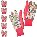APQ Supply Floral Gardening Gloves for Women, 9 Inch Long. 6 Pairs of Pink Washable Cotton Work Gloves for Cold Weather. Gardening Gifts for Women. Non Slip Cotton Glove for Woman with Knit Wrist