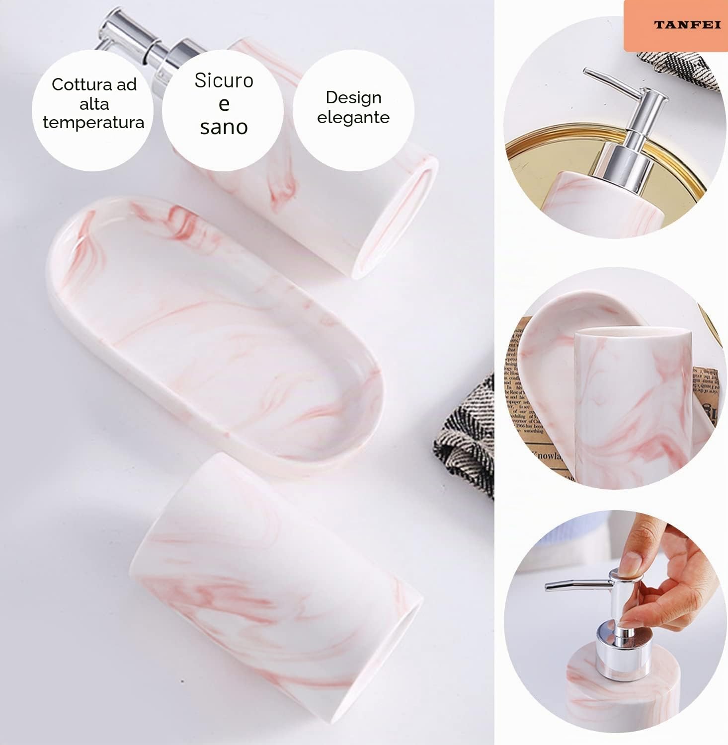 Portasapone, dispenser di sapone liquido, tazza per spazzolino da denti, set di accessori da bagno in marmo e ceramica (rosa)