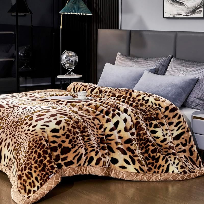 Mink Bed Blanket Queen Size 59 x 78.7 inches, 2 Ply Thick Plush Fleece Blankets with Leopard Pattern, Super Soft Cozy Microfiber Reversible Raschel Throw Blanket for Autumn Winter