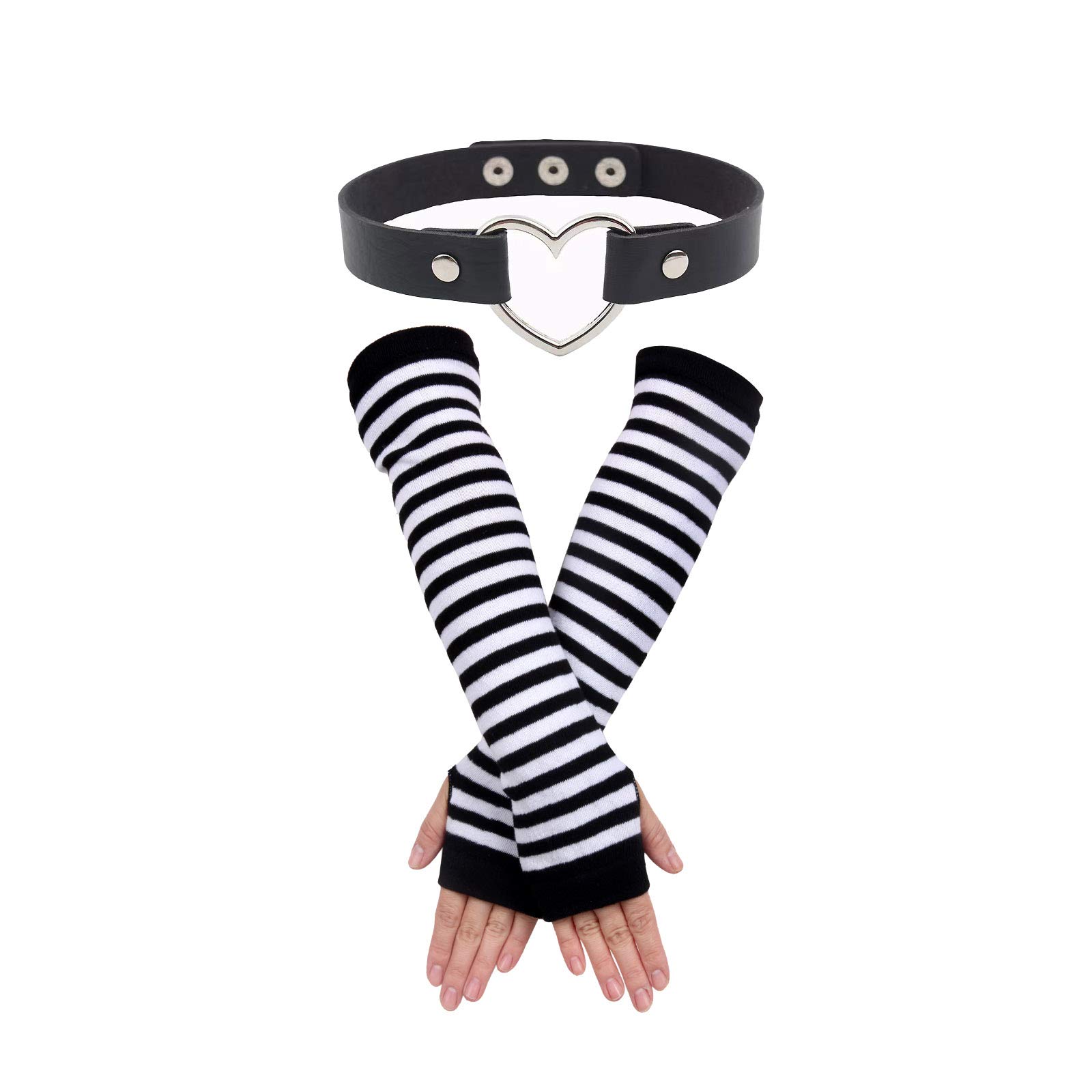 MHNJA Punk Gothic Rock Long Arm Warmer Fingerless Gloves ,Love Heart Adjustable Leather Choker Punk PU Necklace Goth Choker Soft Collar Chain for Women Girls