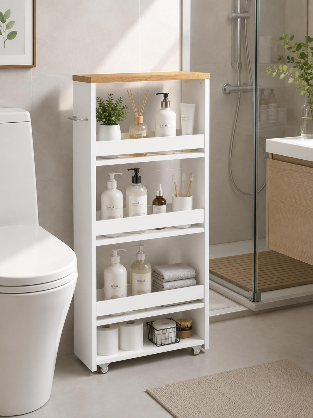 Desserte Salle de Bain à roulettes 40 x 14 x 80 cm Meuble Étroit 3 Niveaux Chariot de Rangement pour Salle de Bain Petit Espace Blanc Bois